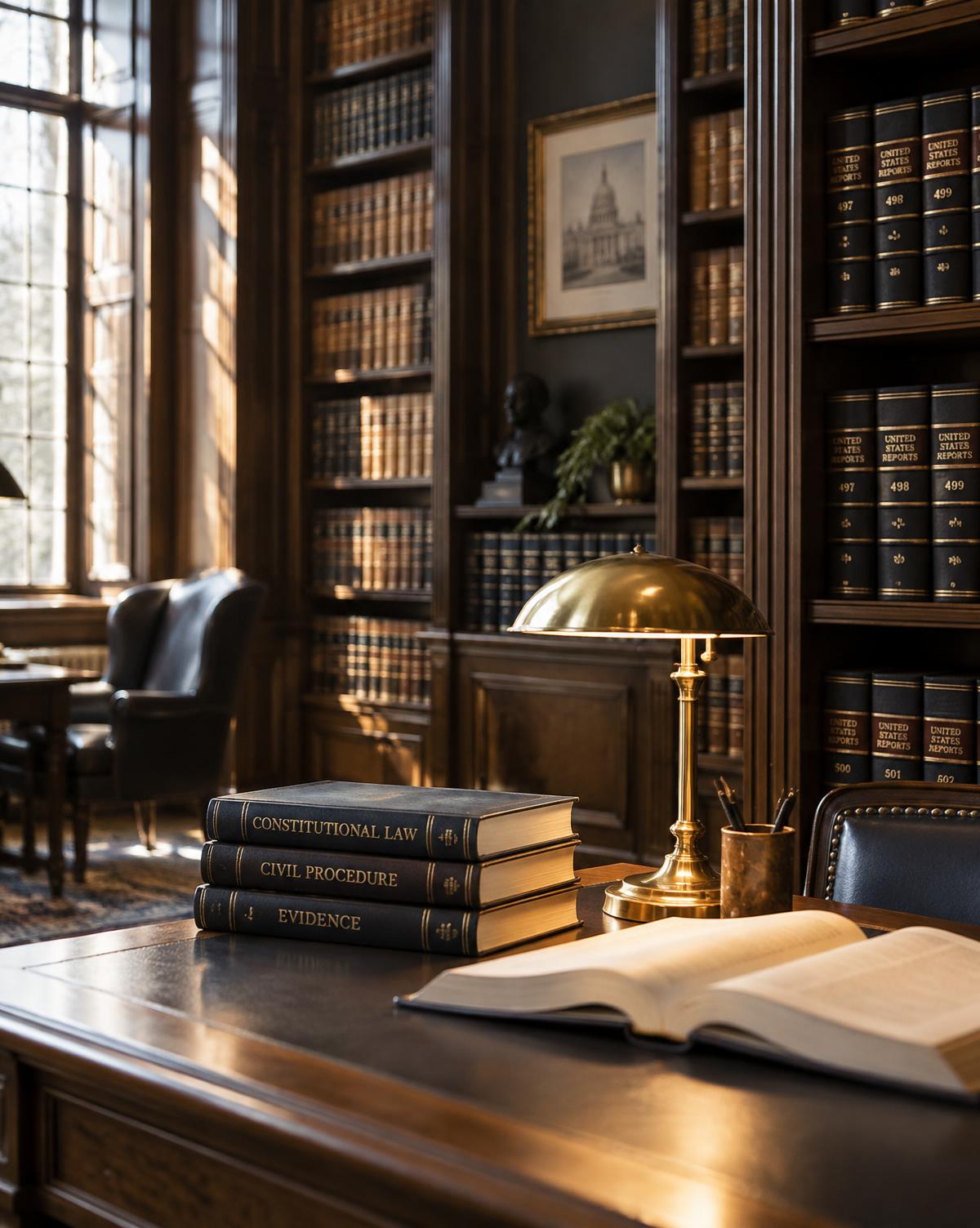 A quiet legal library with a brass reading lamp and law volumes on a desk